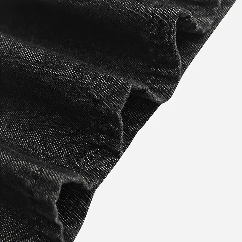 Women's High Waist Geometric Eyelet Cotton Mix Denim Style Jeans - Baggy Wide-Leg Cropped Bottoms with Side Pockets, Zip Fasten, Casual Fashion Fabric, 2026 Fall Festival Streetwear, Cold Wash Y2K Clothing