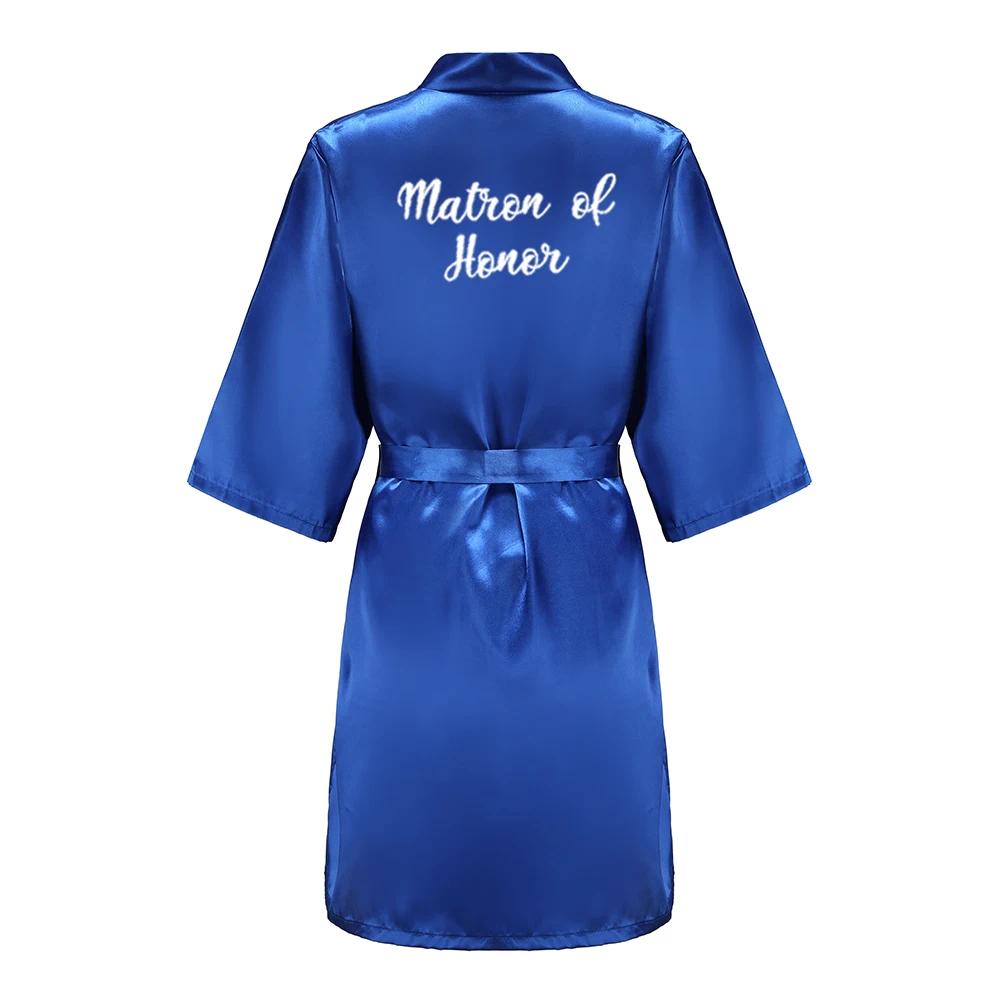 Team Bride Satin Kimono Lounge Robe, Royal Blue Bridesmaid Bathrobe with White Letters, Wedding Party Stress Relief Loungewear