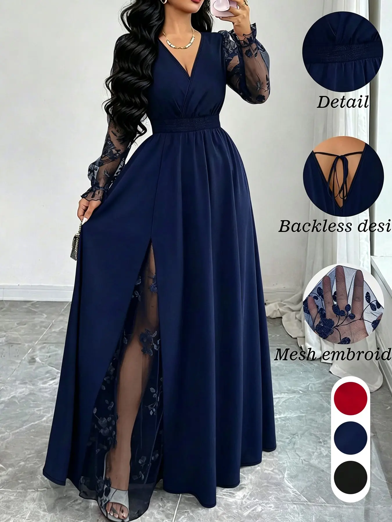 Women V Neck Embroidery Mesh Long Sleeve Maxi Dress Tie Backless High Slit Flowy A Line Evening Party Gown Formal Wedding Guest Dress  formal outfit、night out dress、wedding guest outfit、prom gown、birthday party dress、cocktail party