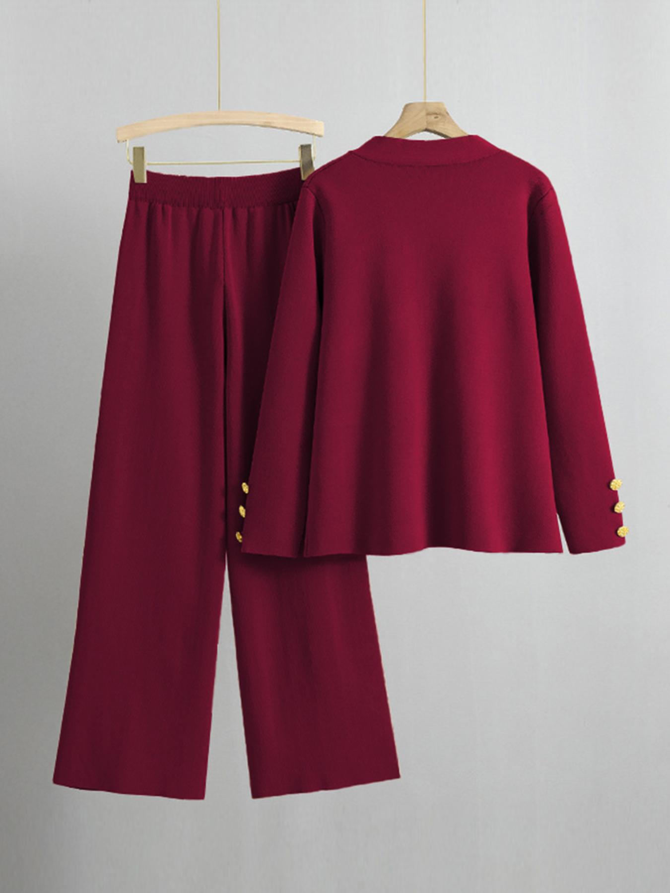 Women's Versatile V-Neck Gold-Toned Button Side Pocket Cardigan & High Waist Wide Leg Trousers Co-ord