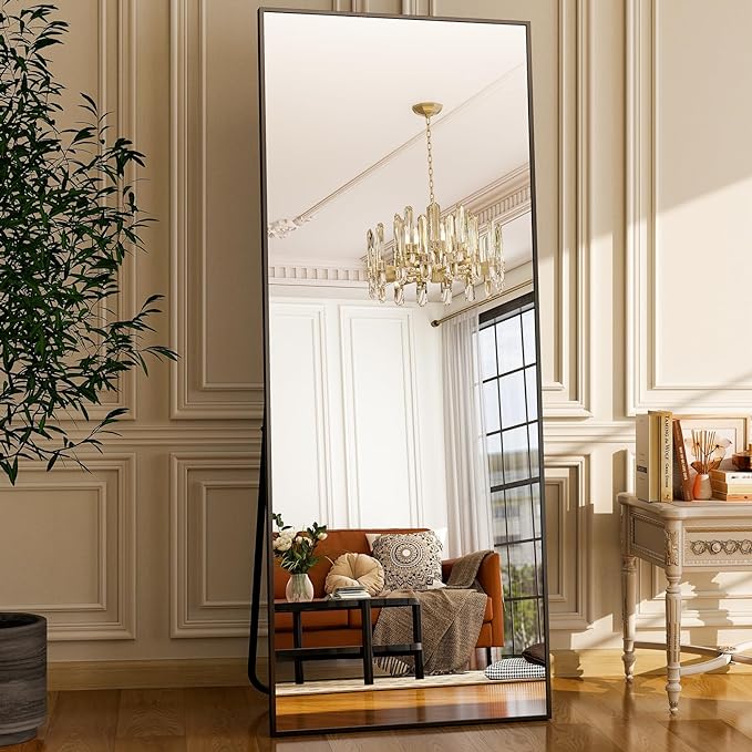 21 in. W x64 in. H Rectangular Full Length Mirror  Home DecorFull Length Mirror Standing Hanging or Leaning Against Wall, Large, Rectangle, Bedroom Wall-Mounted / Floor Dressing Mirror, Aluminum Alloy Thin Frame, Black, 64"x21"