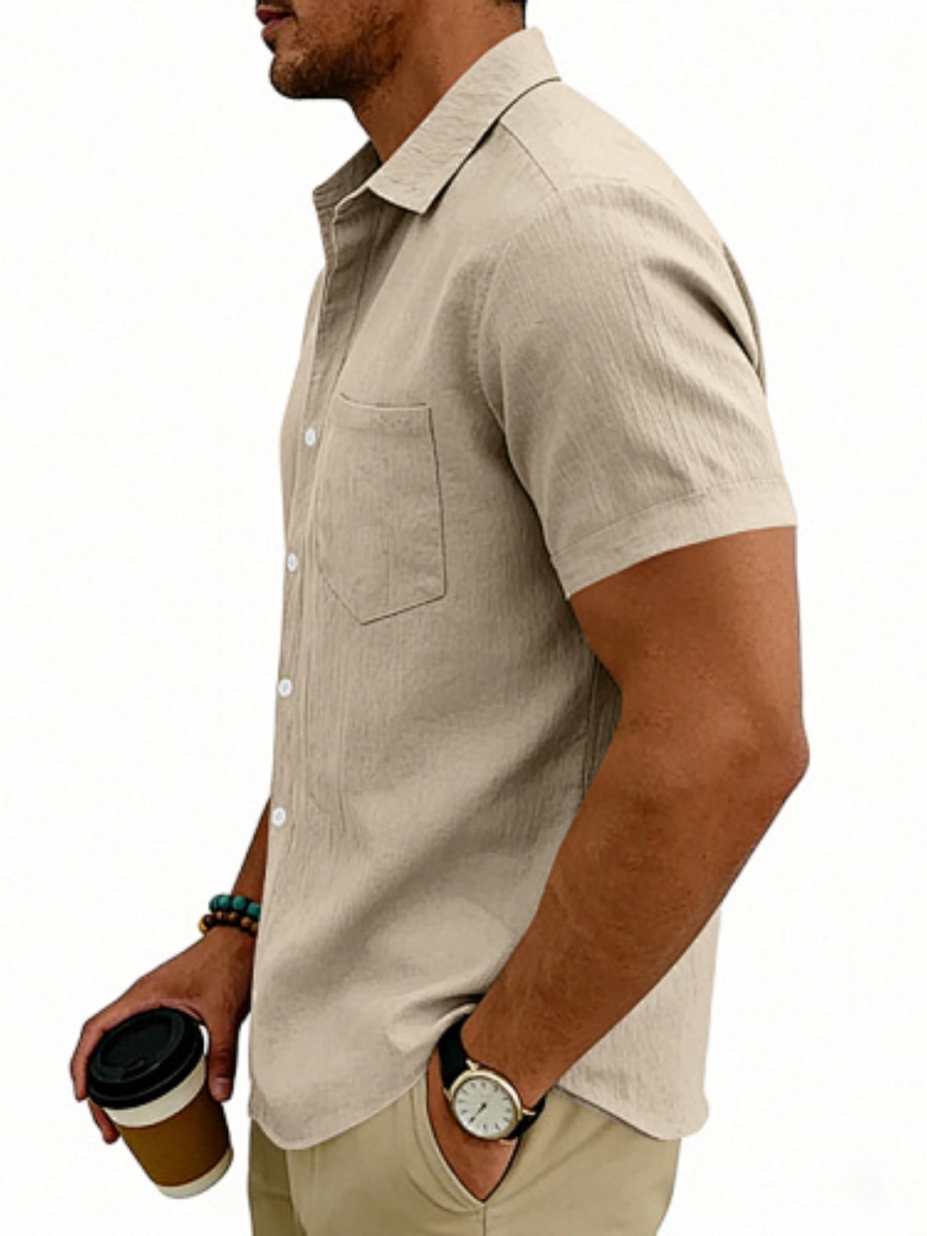 Men's Hawaiian-style linen loose-fit semi-high-neck short-sleeved top, designed for casual daily wear with comfortable and breathable fabric