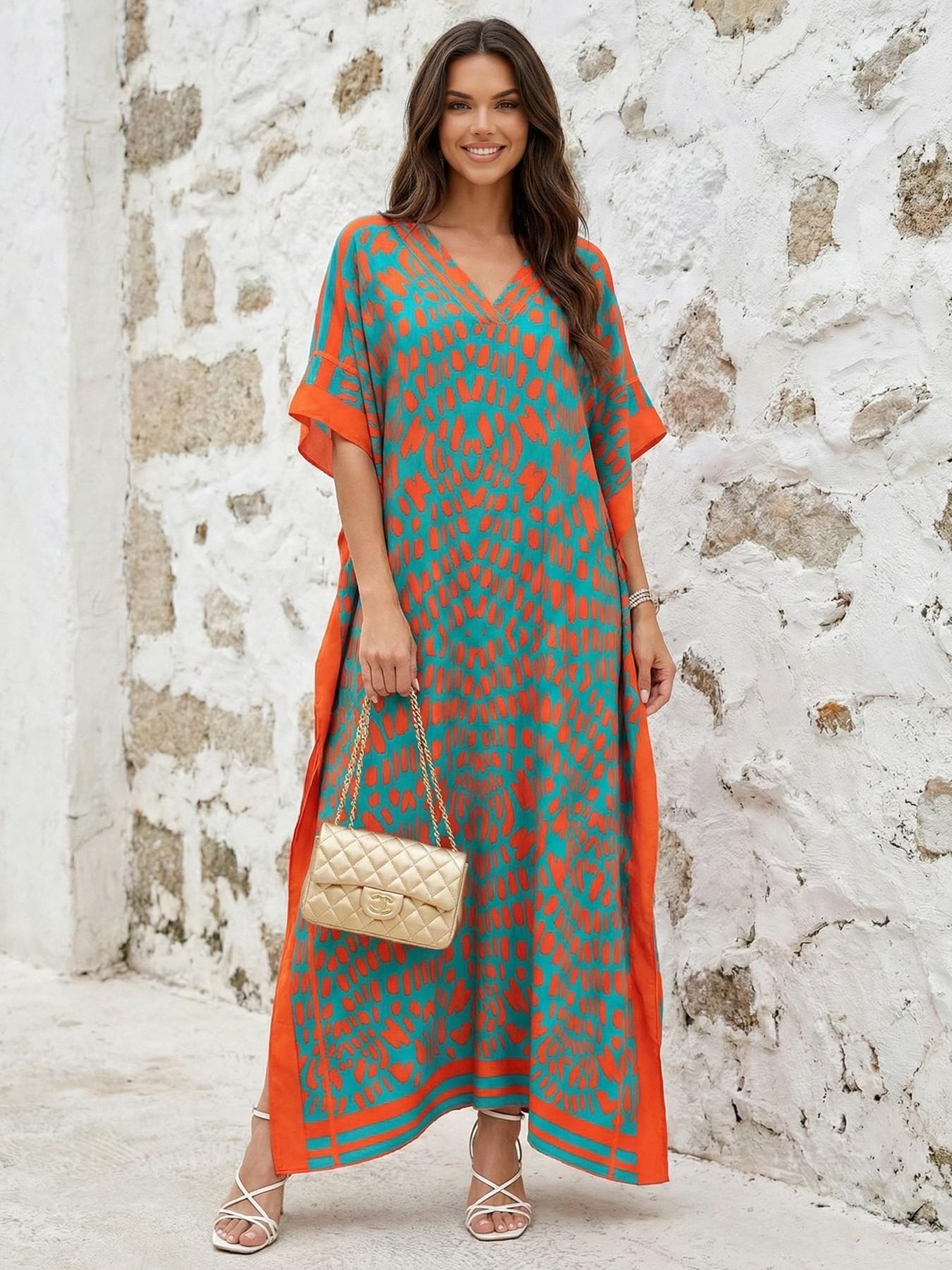 EDOLYNSA Leopard kaftans for woman caftan beach printing Moo Moo Dress casual cover up Bohemian daily wear Soft Homewear vacation party long dress lounge wear Q1615 Womenswear