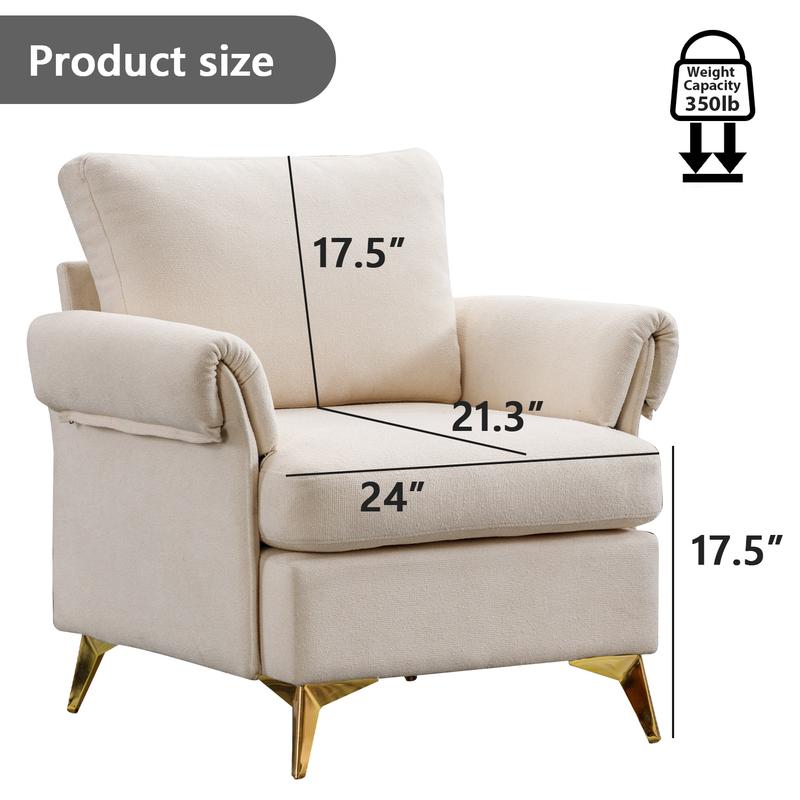 [Stock Up] EBELLO Modern Accent Chair with Armrests, Comfortable and Washable with Solid Metal Legs, Upholstered Single Sofa for Living Room, Bedroom, Office, Beige