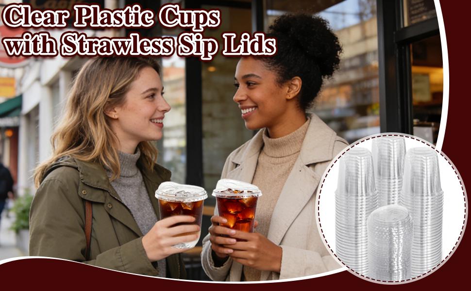 60 Pack Clear Cups with Strawless Sip Lids,16 oz Disposable PET Crystal Iced with Lids,Round Bottom Cup for Iced Coffee Juice Smoothie Cold Beverage Coffee Shops and
