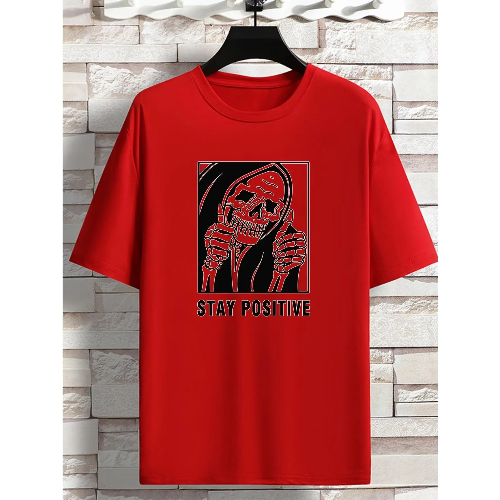 Skeleton Grim Reaper Stay Positive Graphic Oversized Cotton T-Shirt, Funny Dark Gothic Fashion Outfit, Best Halloween Gift For Him Her Friends Lovers Comfort Casual Tee