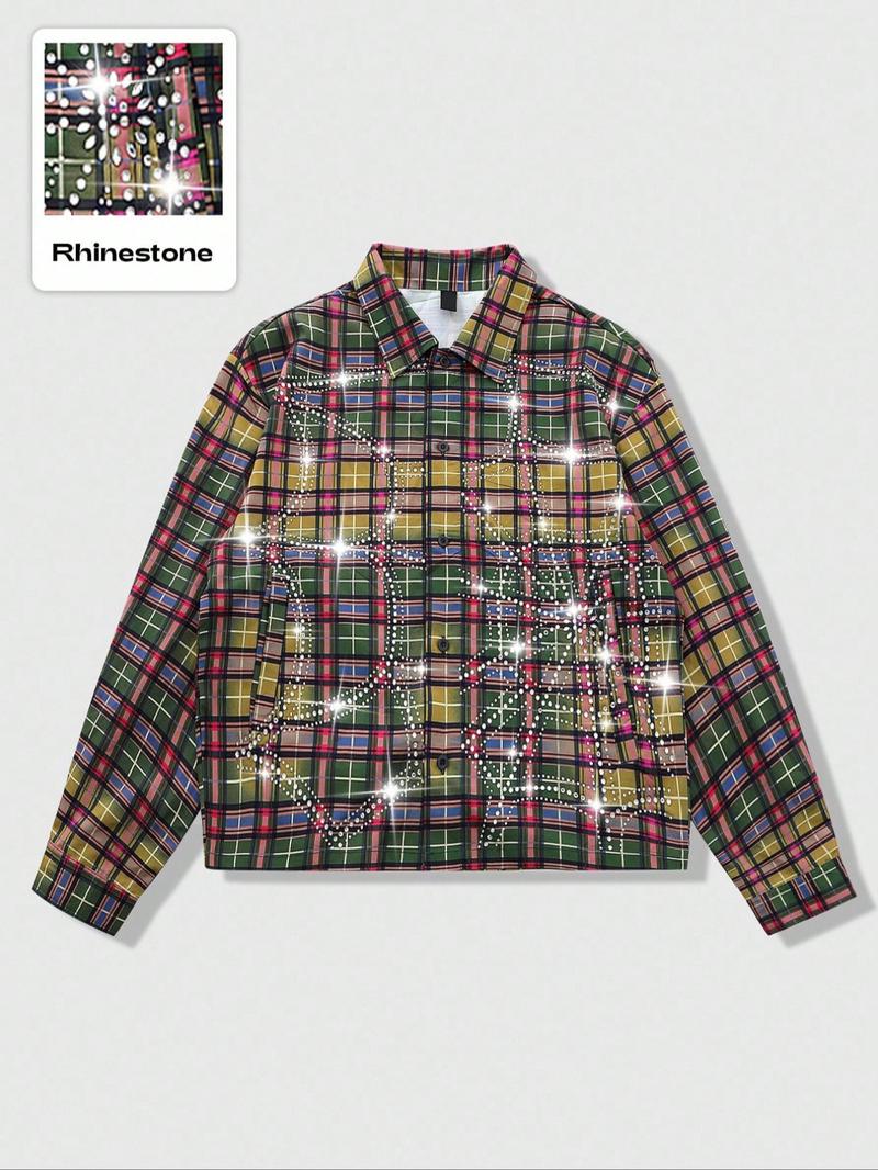 Men's plaid shirt, adorned with rhinestones, long sleeves, American urban style, Casual street style