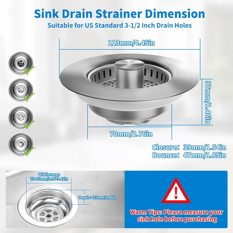 3 in 1 Kitchen Sink Drain Strainer, Upgraded Kitchen Pop Up Sink Drain Stopper with Stainless Steel Drain Basket, Sink Bounce Core Drain Strainer for US Standard 3-1/2 Inch Drain Filte