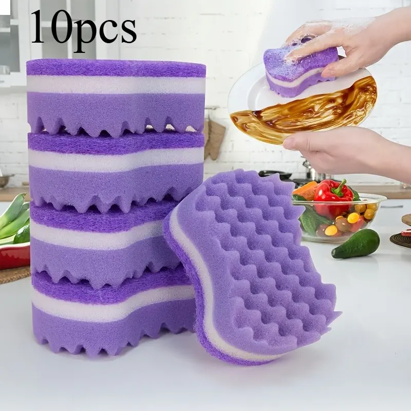 Purple 3-Layer Wavy Sponge Scrubber – Durable, deformation-resistant layered structure; rounded corners won't scratch cookware; highly absorbent, quick-drying, and easy to clean; a multifunctional household sponge for washing dishes and pots.