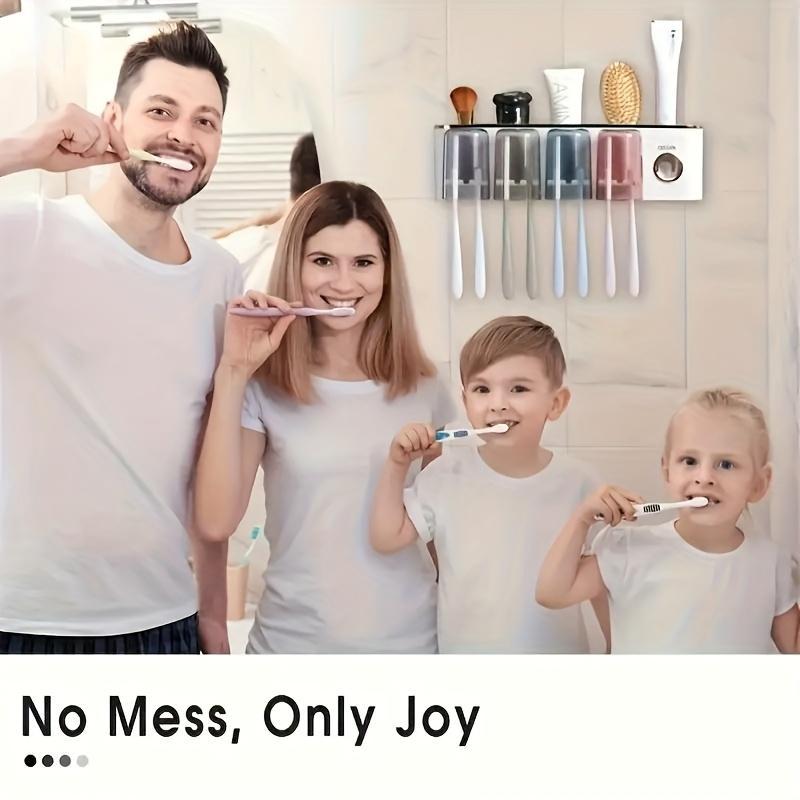 1 Wall-mounted Toothbrush Holder Set with Mouthwash Cup, No Need to Punch Holes, Automatic Toothpaste Dispenser, Wall-mounted Toothbrush Storage Rack, Bathroom Accessories, Plastic for Toothbrush, Toothpaste Tube and Mouthwash Cup