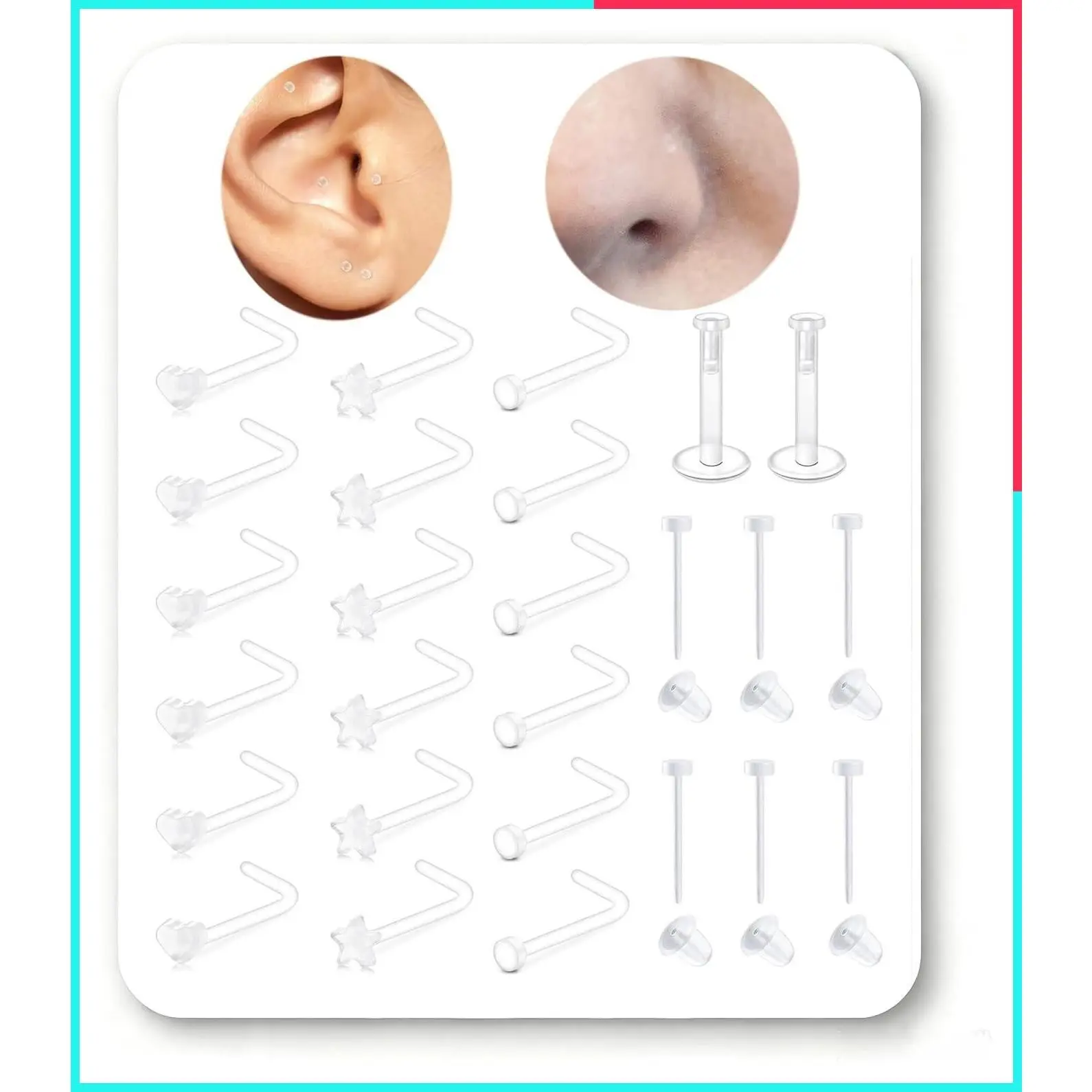 18g 20g 16g Clear Bioflex Nose Studs & Nose Rings - Invisible Plastic Ear Piercing Retainers for Work, Surgery, Sports, School, Small Tragus Cartilage Labret Lip Spacers