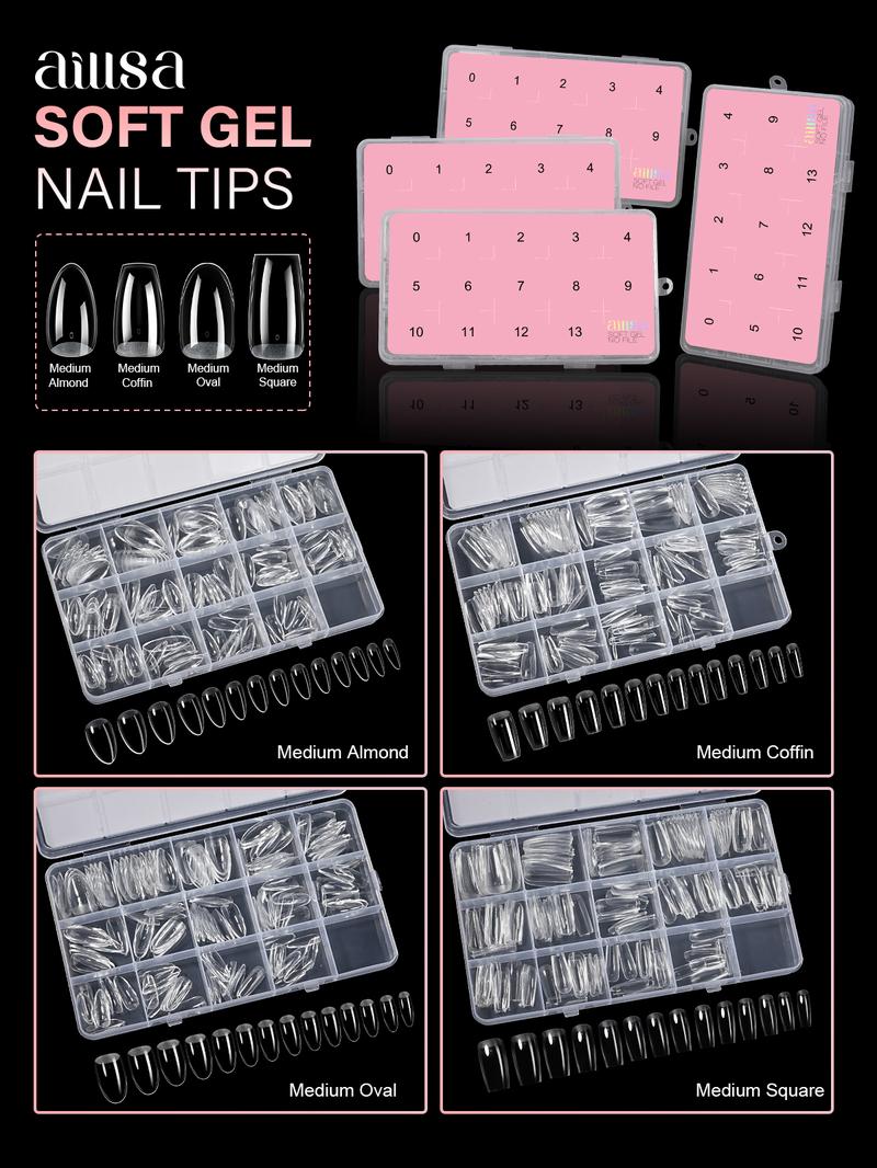 Aillsa 2.0 Upgraded Soft Gel Nail Tips - Built-in C-curve Medium Almond Full Cover Nail Extensions Ultral Thicker Acrylic Nails Tips Strong Clear 140Pcs/168Pcs/224Pcs Pre-sculpted Press-On Nails with Matte Underside False Nails for Flat Nails