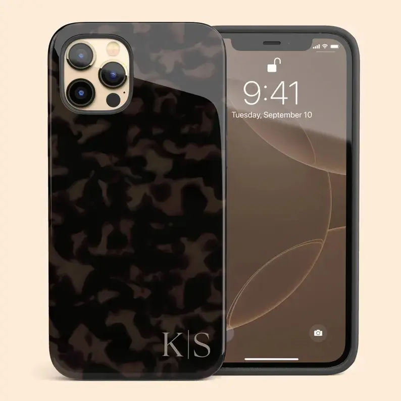 Customizable Dark Tortoise Shell Initial Smartphone Case - 2-Letter Monogram, Retro Sophisticated Style, Drop-Proof Casing for iPhone 11-18 ProMax Plus & Samsung S23/S25/S26 Ultra Cellphone Cover Devices