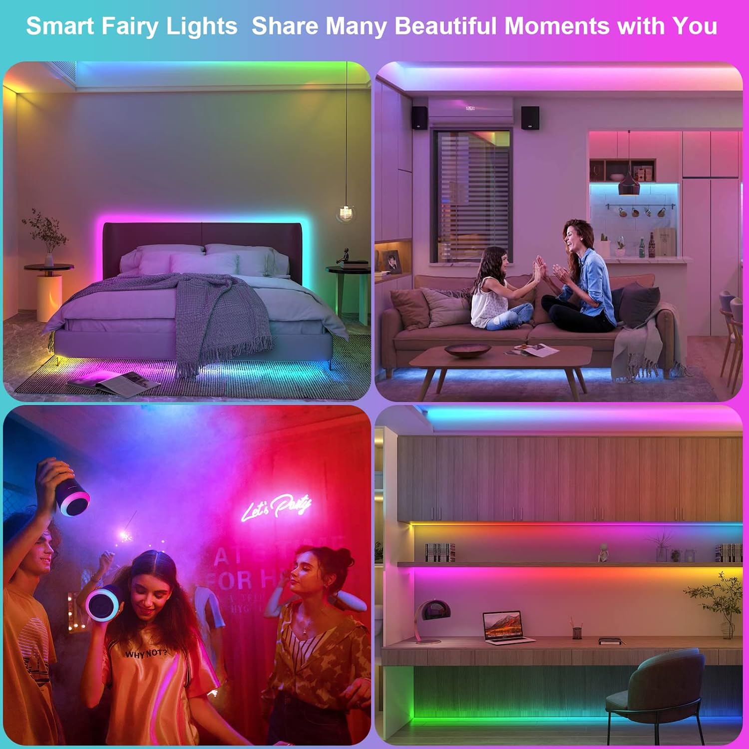 Remote & App-Controlled Smart RGB LED Strip Lights, Multi-Color LED Fairy Lights, USB-Powered, IP65 Waterproof, Music/Voice Sync, Ambient Decorative Lights for Weddings & Parties