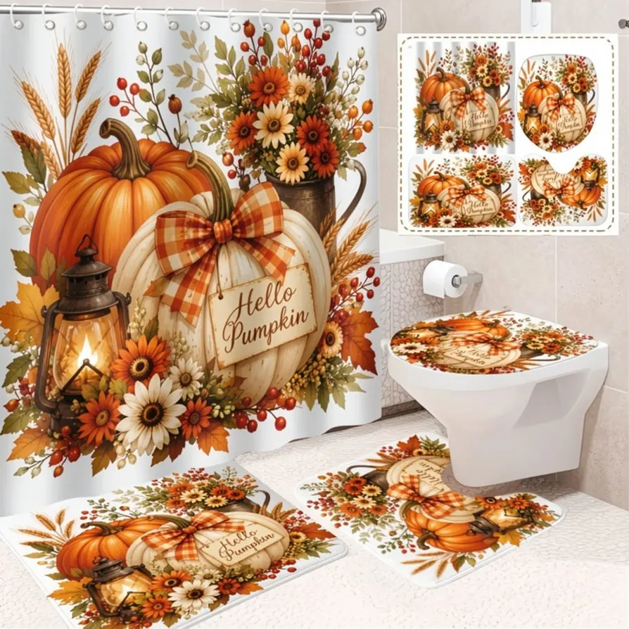 4pcs Autumn Harvest Thanksgiving Pumpkin Shower Curtain Set For Bathroom, Bathroom Decor, Waterproof Shower Curtain, Fall Home Decor, Fall Decor