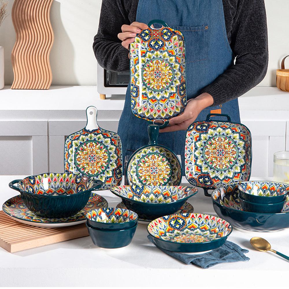 4-Piece Bohemian Ceramic Tableware Set, Hand-Drawn Ethnic Style Bowls and Plates, Creative Home Dining Essentials, Ceramic Dinnerware Sets, Non-Bone China