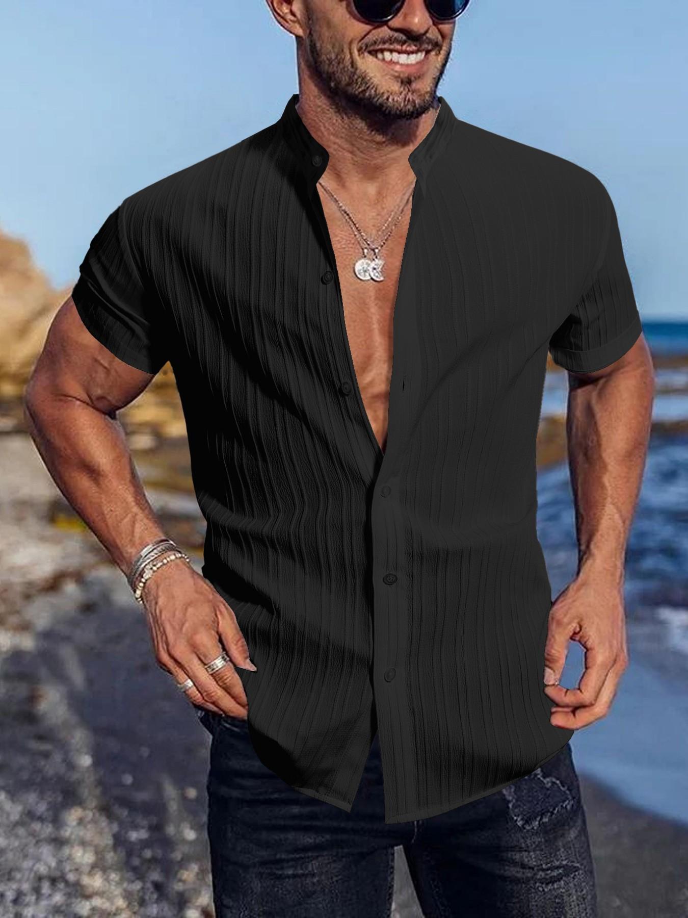 Men's Summer Solid Striped Casual Short Sleeve Stand Collar Menswear Shirt, Breathable Comfort Button-Up Top, Fashion Versatile Shirt for Daily Wear, Beach Vacation, Beachy Shirt