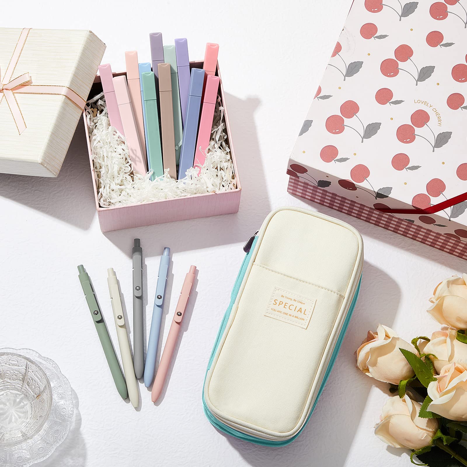 Easter Bible Study Supplies 18pcs Stationery Set for Student with Big Capacity Pencil Case 12 Colorful Highlighter 5 Quick Dry Retractable Black Ink Pens Back To School Gift Easter Gift for Student Teacher Daughter Christian