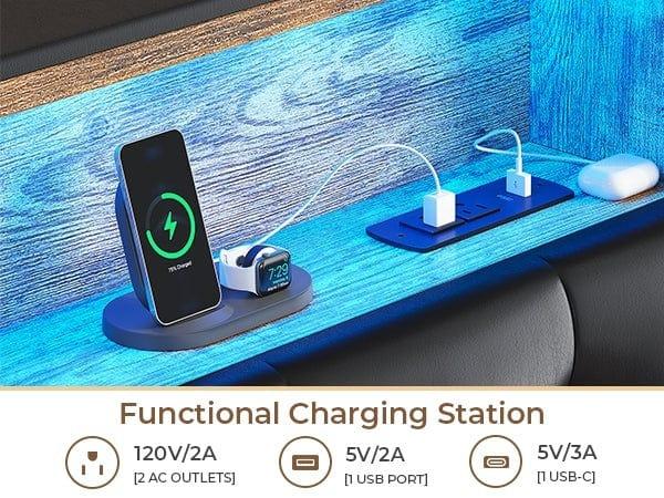 Sikaic Upholstered Platform Bed Frame with LED Lights & Charging Station Hidden Storage Headboard and 4 Drawers PU Black Modern Unique Furniture