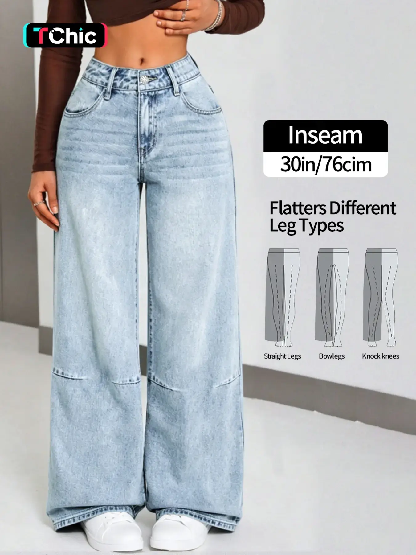 Women's Mid Rise Non-Stretch Wide Leg Casual Jeans, Vintage Washed Baggy Loose Denim Pants, Y2K Streetwear Floor Length Pants with Pockets