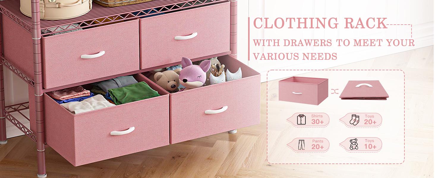 Clothes Rack, 184LBS Garment Rack Closet Rack with Drawers Clothing Racks for Hanging Clothes Heavy Duty Clothes Rack DIY Portable Adjustable Metal Clothing Rack with Shelves, Pink, Gray