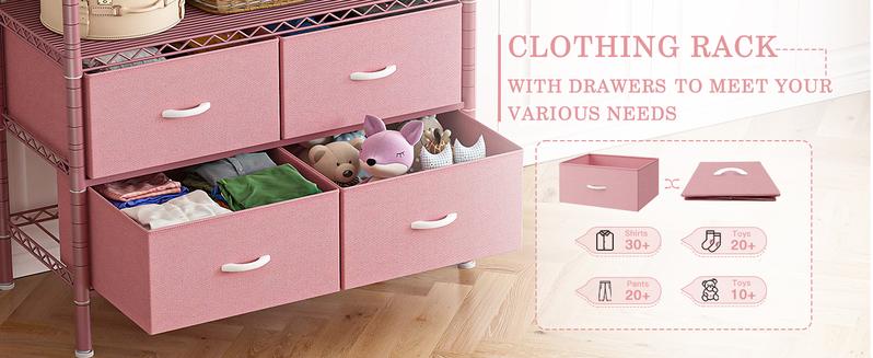Clothes Rack, 184LBS Garment Rack Closet Rack with Drawers Clothing Racks for Hanging Clothes Heavy Duty Clothes Rack DIY Portable Adjustable Metal Clothing Rack with Shelves, Pink, Gray