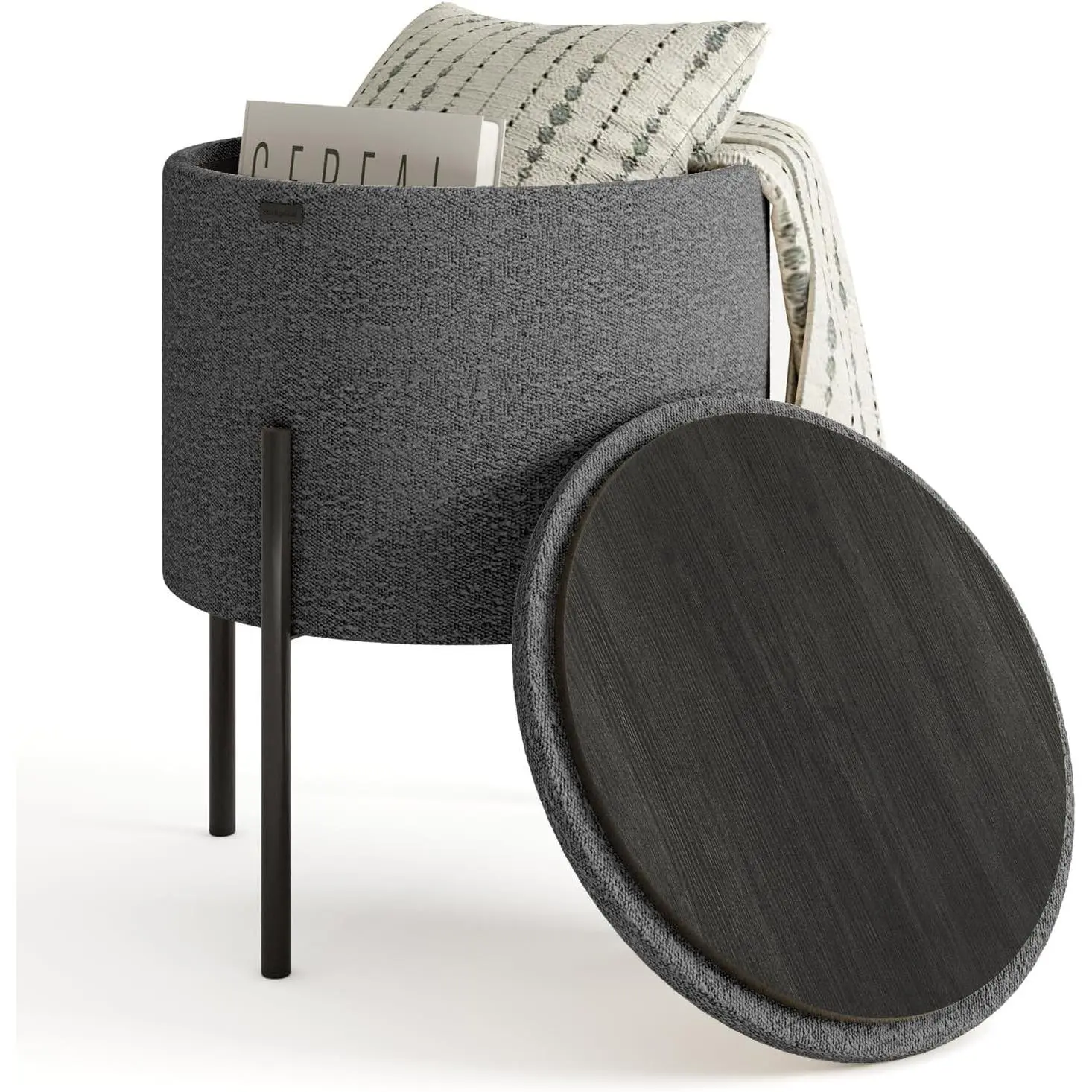 Round Storage Ottoman, Boucle Foot Stool, Makeup Vanity Stool, Small Foot Rest, Modern Ottoman for Living Room and Bedroom, Grey