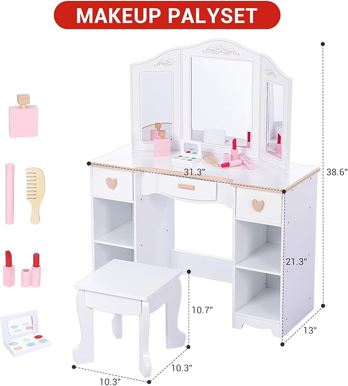 Princess Vanity Set for Kids - White Makeup Table with Mirror, Stool, and Wooden Play Makeup Accessories