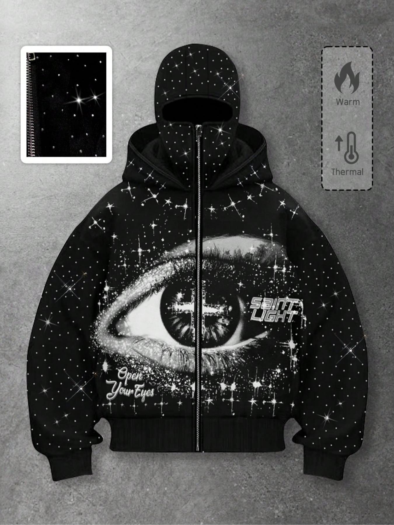 Men's Street Style Rhinestone Decor Hoodie With Two Hat, Windproof Jacket with Pockets and Zipper Design, Fall & Winter Wear, Long, Streetwear, Geometric