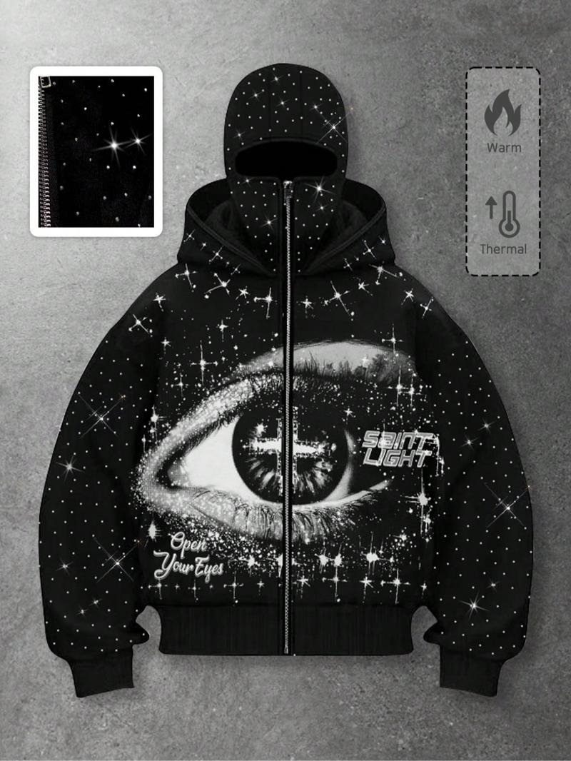 Men's Street Style Rhinestone Decor Hoodie With Two Hat, Windproof Jacket with Pockets and Zipper Design, Fall & Winter Wear Men's Street Style Rhinestone Decor Hoodie With Two Hat, Windproof Jacket with Pockets and Zipper Design, Fall & Winter Wear