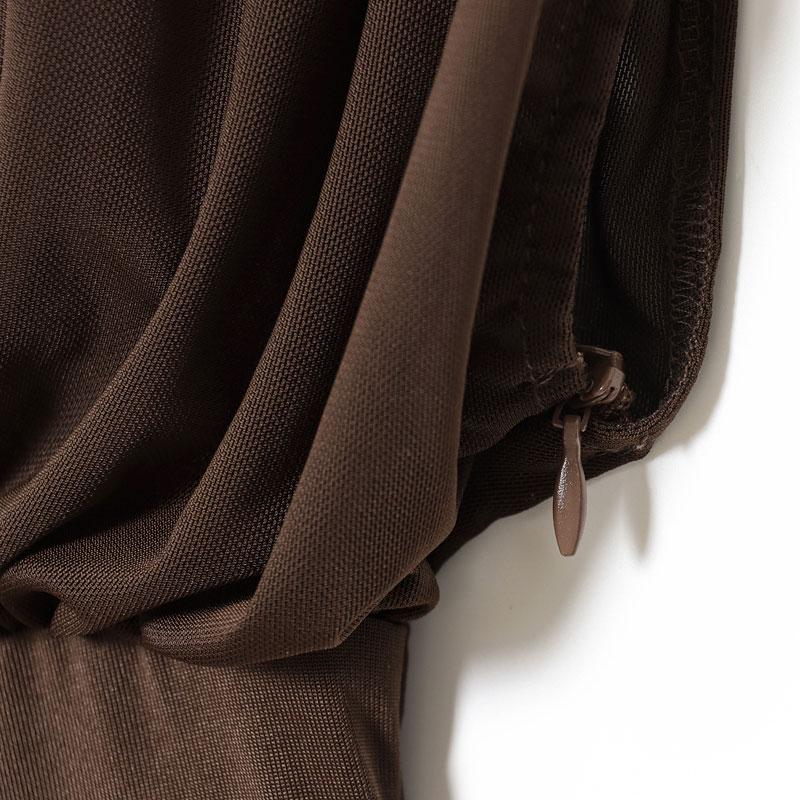 Women's Summer Long Dress Chocolate Brown Mesh Ruched Midi Dress Sleeveless Mock Neck Design Elegant Trendy 2025 new Evening Party Formal Outfit Pleated Hem Women’s Fashion Chiffon Lace Dress