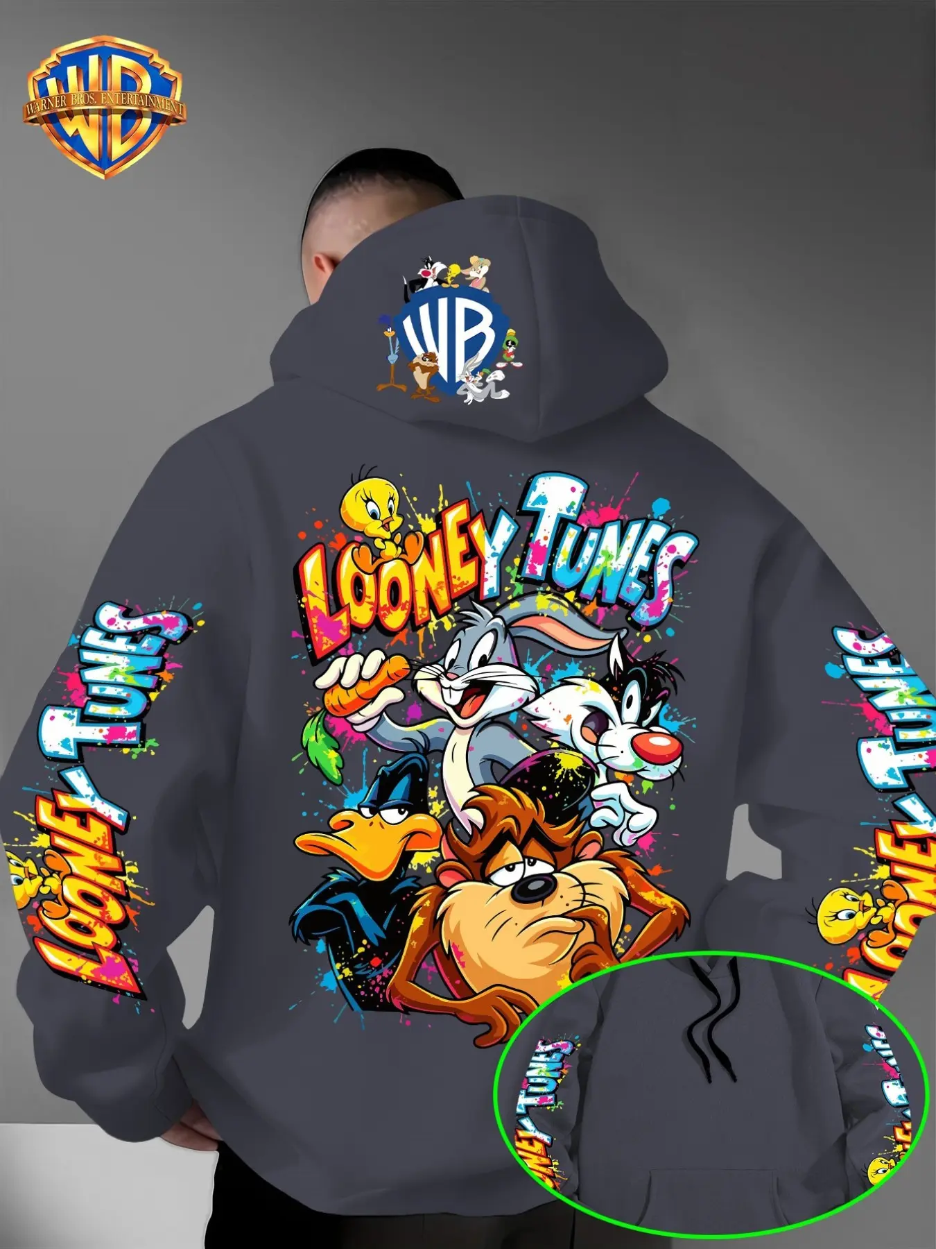 Warner Bros. Men's Looney Tunes Back-Print Hoodie, Long-Sleeve Top with Cartoon Character Graphics, Loose-Fit Casual Streetwear with Drawstring Hood and Kangaroo Pocket