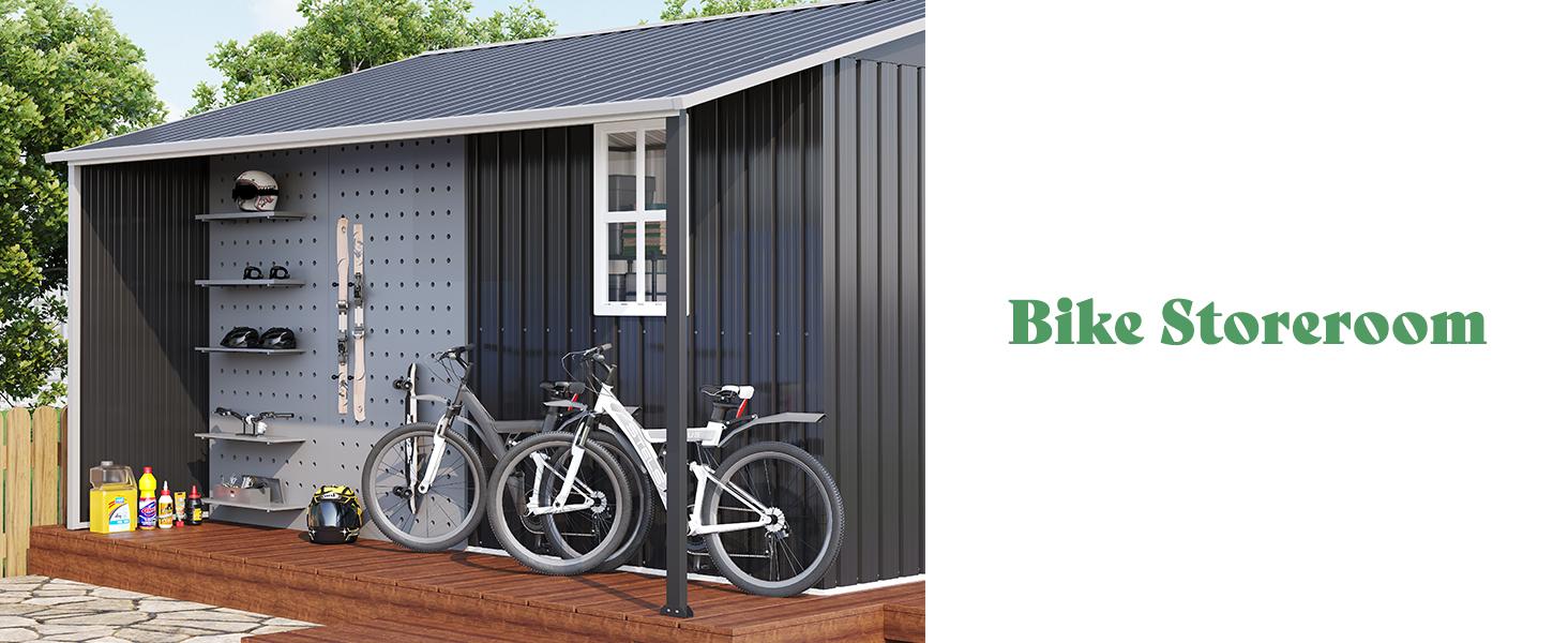 [Ships in Multiple Boxes]  VanAcc Outdoor Storage Shed with Two 4-Pane Windows Sliding Doors, Open Outdoor Shed for Wood Storage, Dark Grey/White