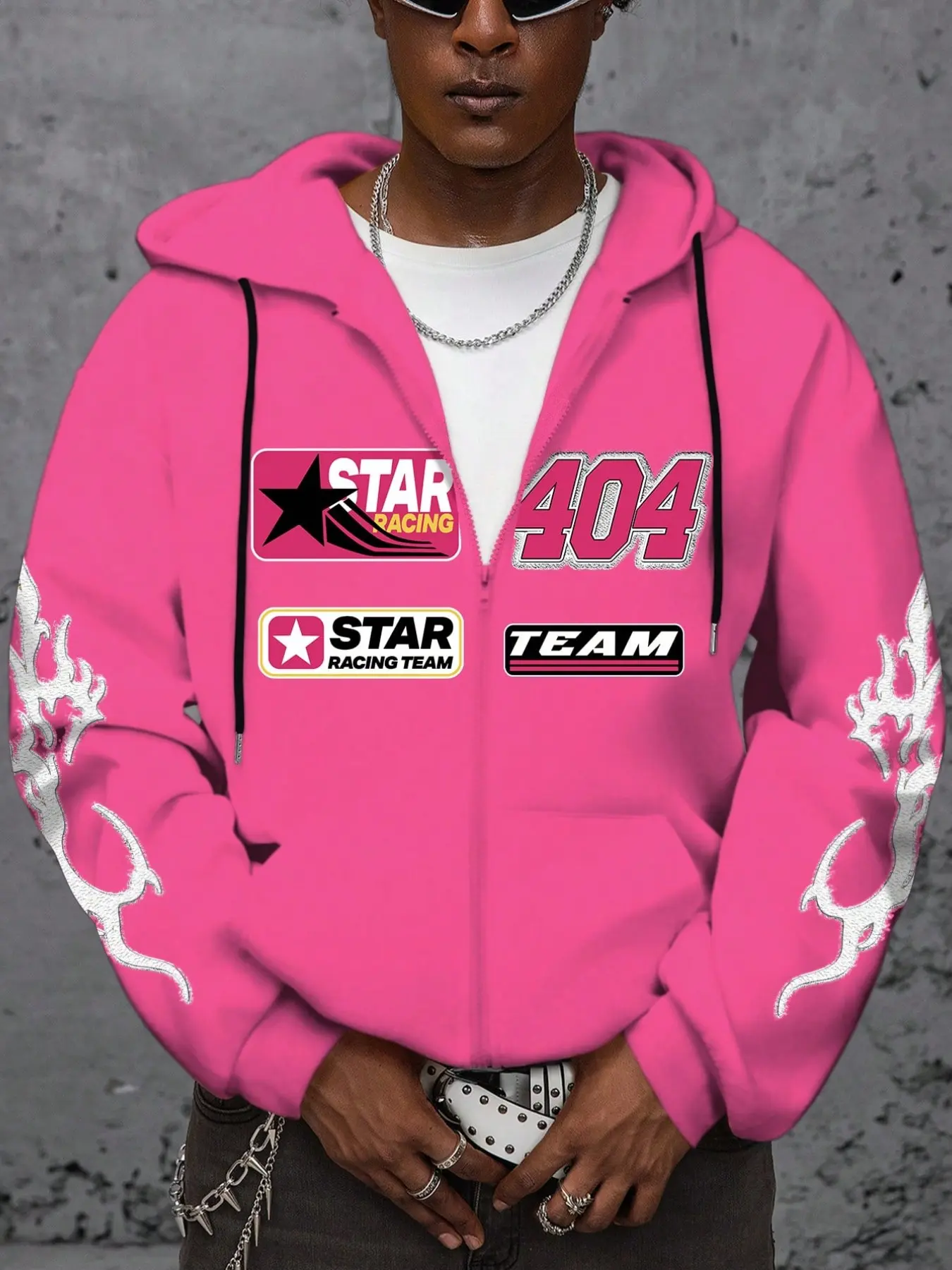 Men Y2K Racing Team Flame Sleeve Full-Zip Hooded Jacket, Street Style Loose-Fitting Print Coat, Unlined Outerwear for Men