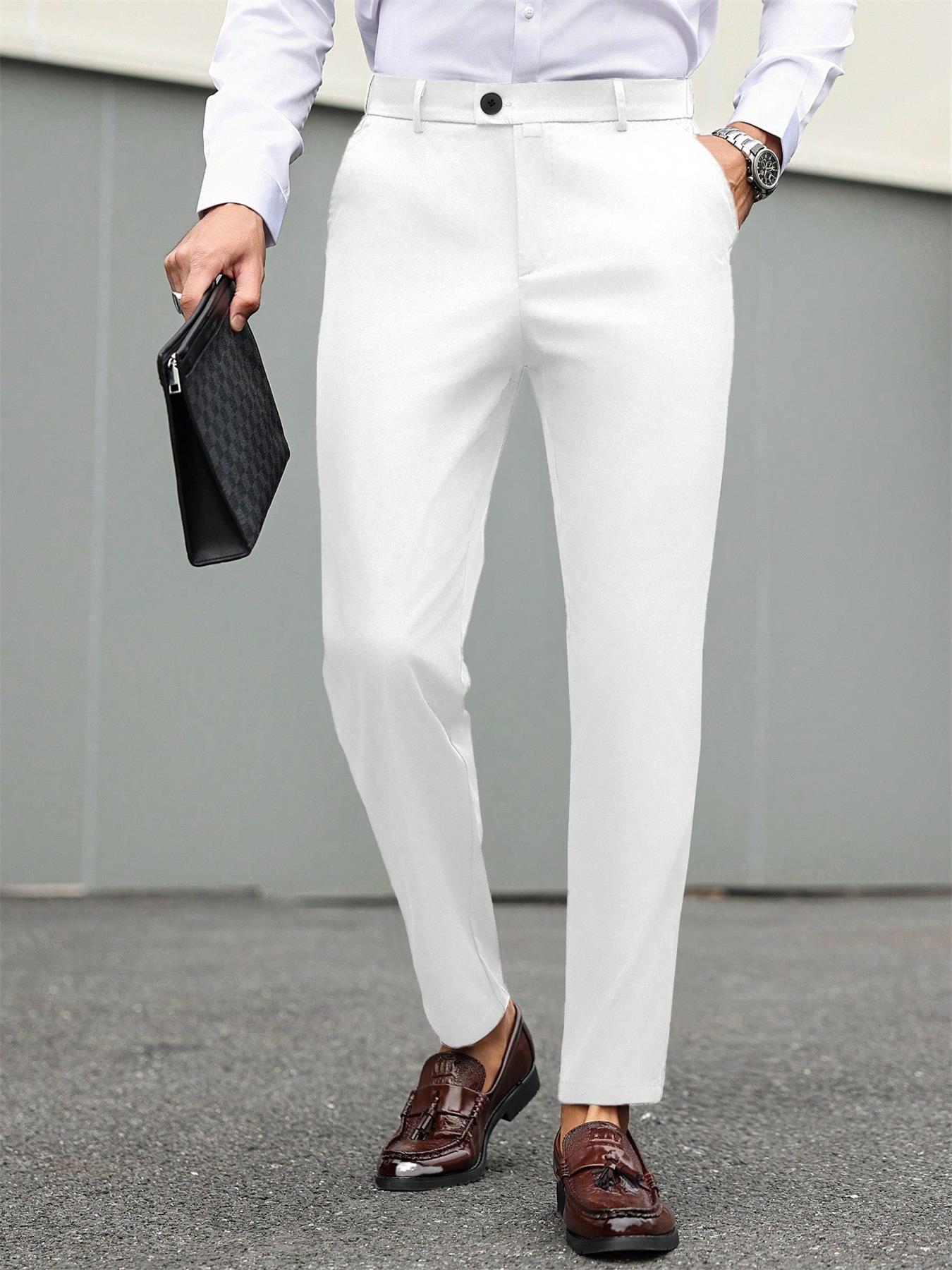 Men's Casual Solid Color Dress Pants Formal, Button Elastic Waist Fall Pants, Business Long Pants for Spring Summer Office Wear Club Wear Going Out Party