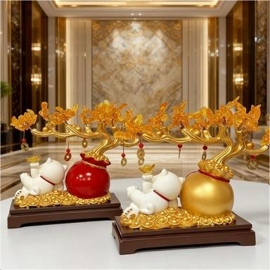 Lucky Cat Gold Branch Ornament, Home Decor for Living Room, Entryway, Study, Shop Front Desk, Moving In, Business Gift, Festival Present