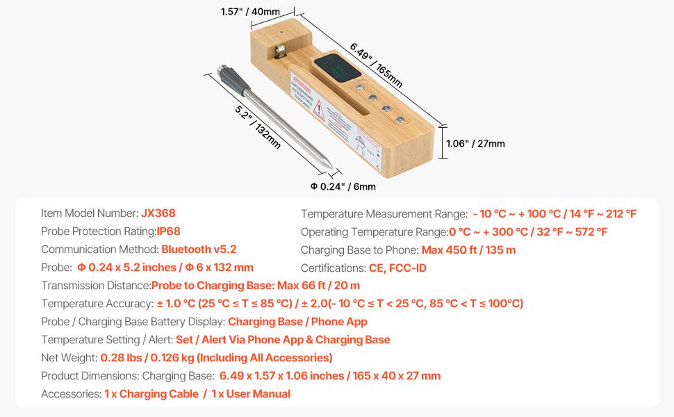 VEVOR Wireless Meat Thermometer, 500 ft Range Wireless Bluetooth Meat Thermometer, Digital Cooking Food Meat Thermometer, Waterproof Smart Meat Probe with One Probe, for Grilling, Smoker, BBQ Oven