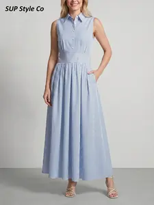 Women's Striped Sleeveless Collared Deep V Neck A-Line Dress, Elegant Retro Style, Perfect for Formal Events, Daily Wear, Casual