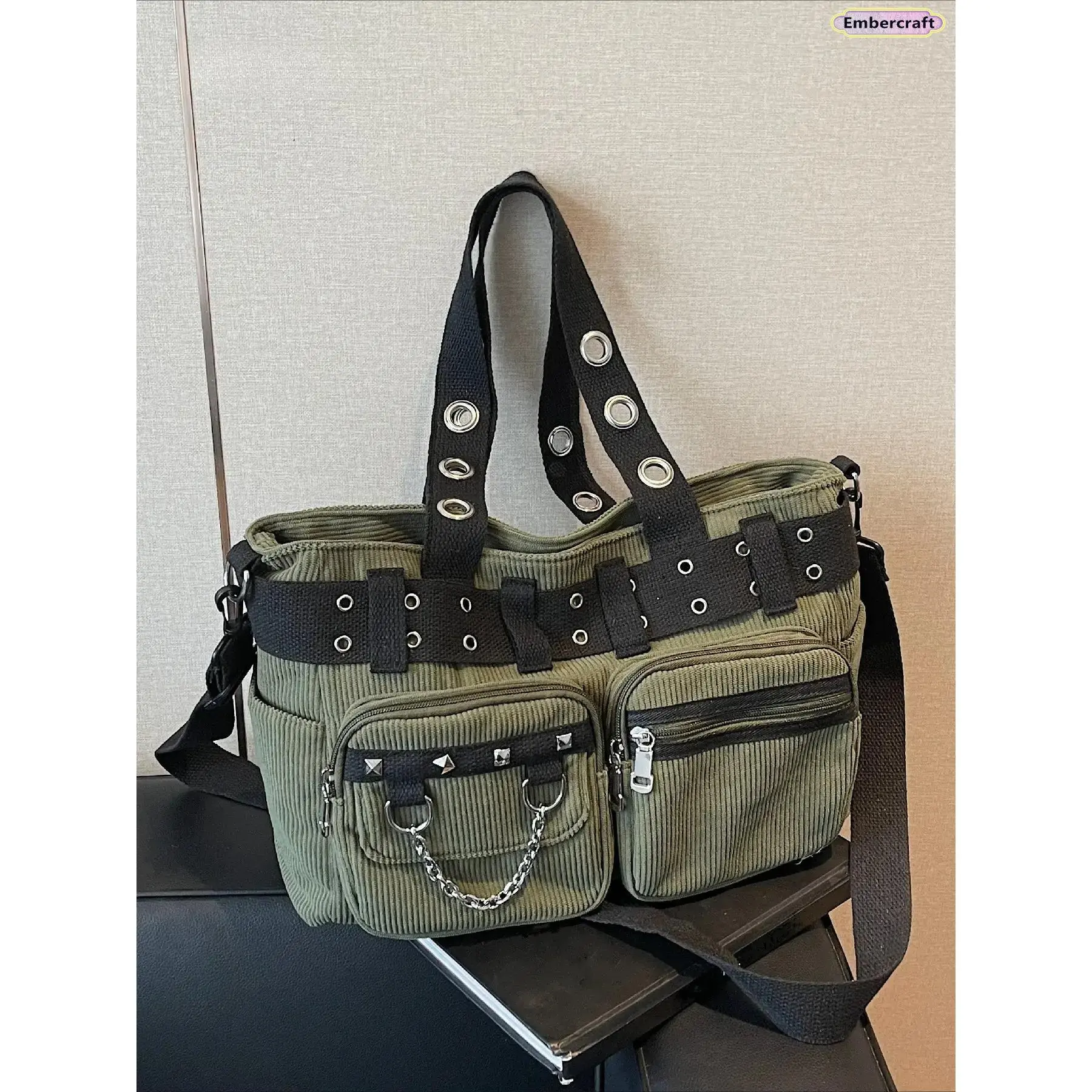 Women's Punk Leather Crossbody Purse - Studded Shoulder Bag with Chain Detail, Oversized Multi-Pocket Everyday Bag for Casual Vibes (Stylish Fashion Accessory), Stylish Accessories, Casual Crossbody Bag, Fashionable Leather Bag
