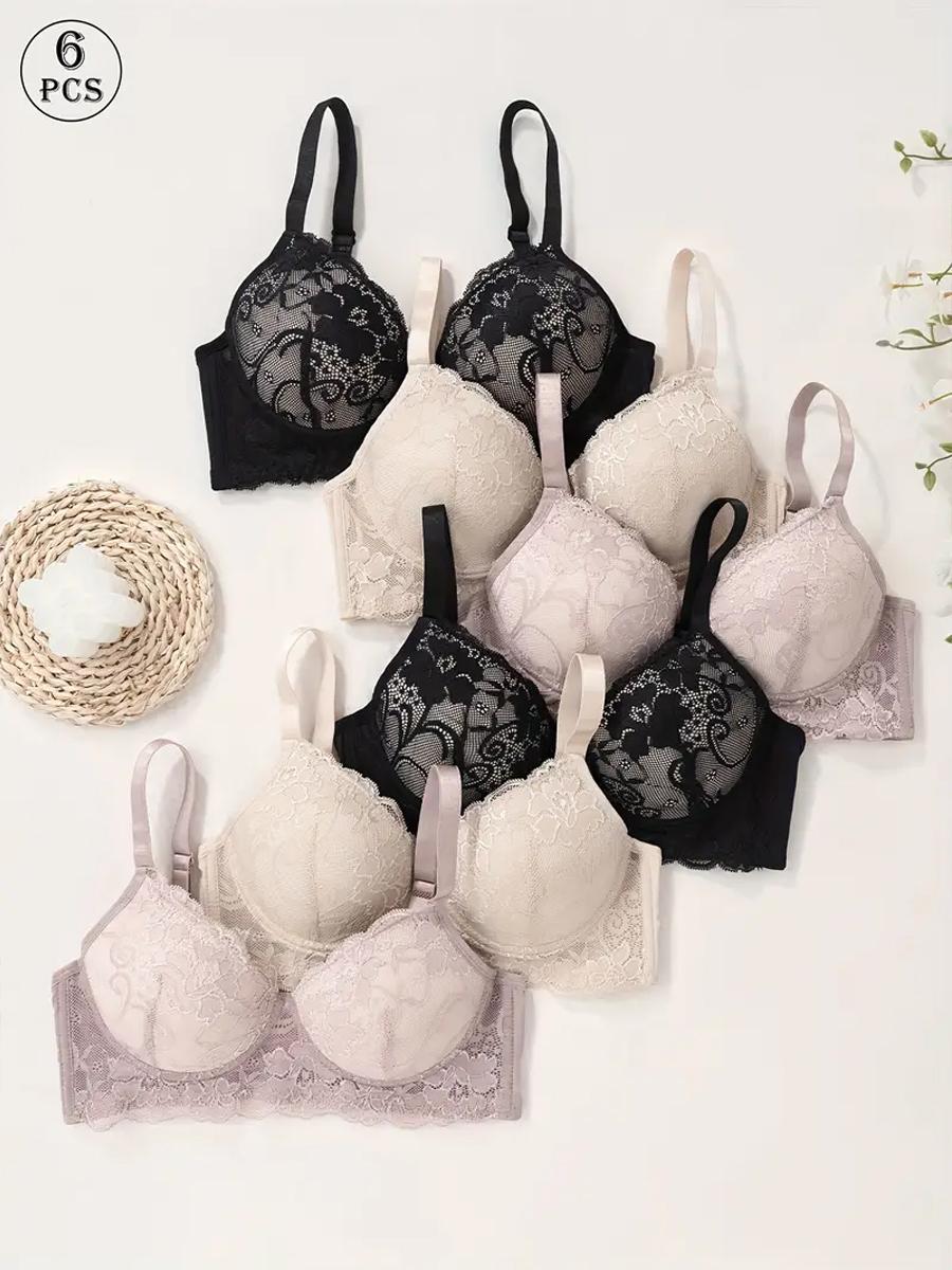 6pcs Elegant Women'S Lace Bra Set - Comfortable & Breathable, Non-Removable Padding, Underwire Design, Available in Multiple Colors, Perfect for Daily & Sportswear, Daily Comfort Bra|Elegant Lace Bra|Breathable Fabric