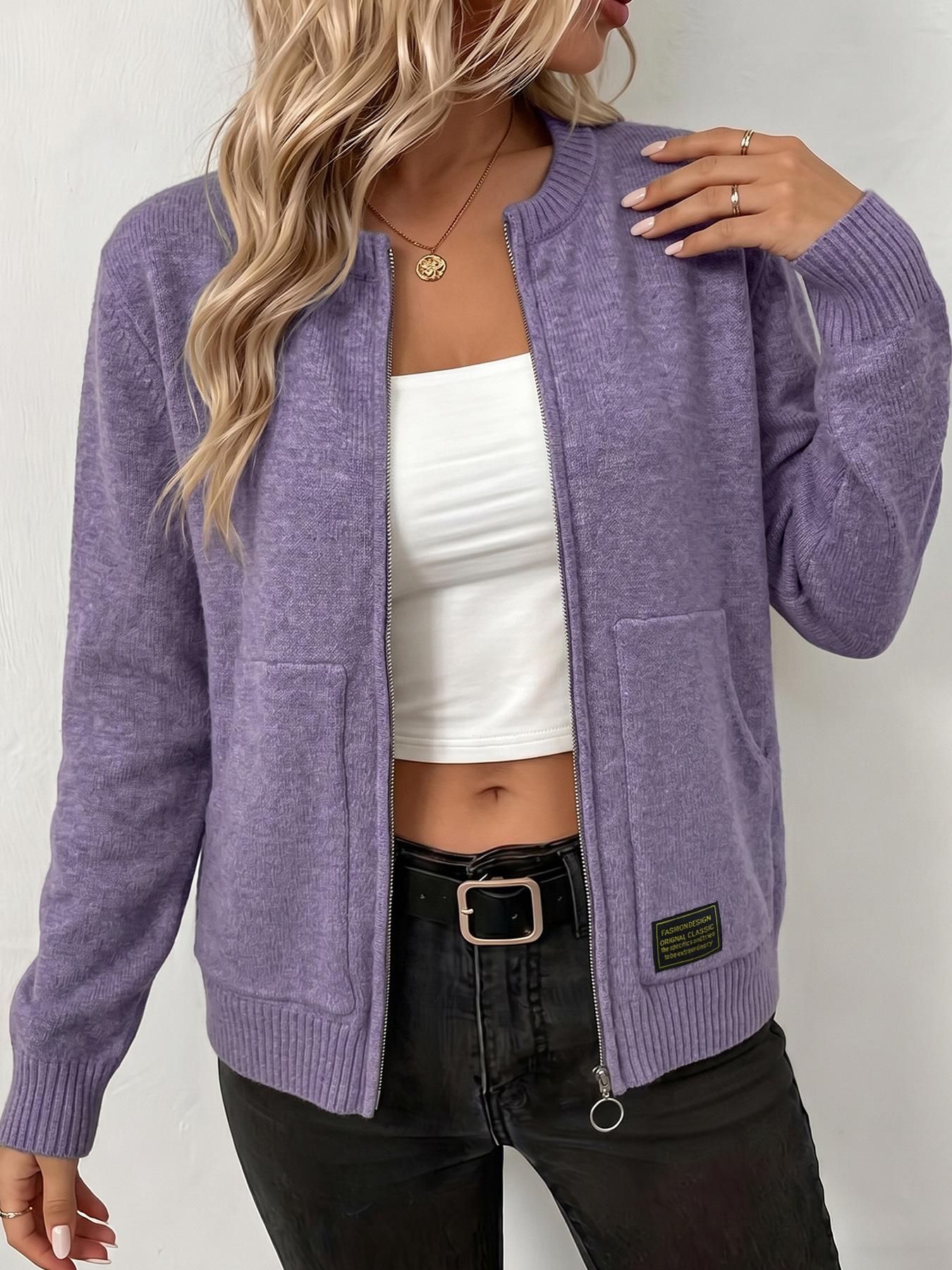 Women's Zipper Knit Cardigan Coat, Long Sleeve Pocket Design, Fall & Winter Casual Outerwear, Slim Fit 3/4 Length, Solid Color, Knitted