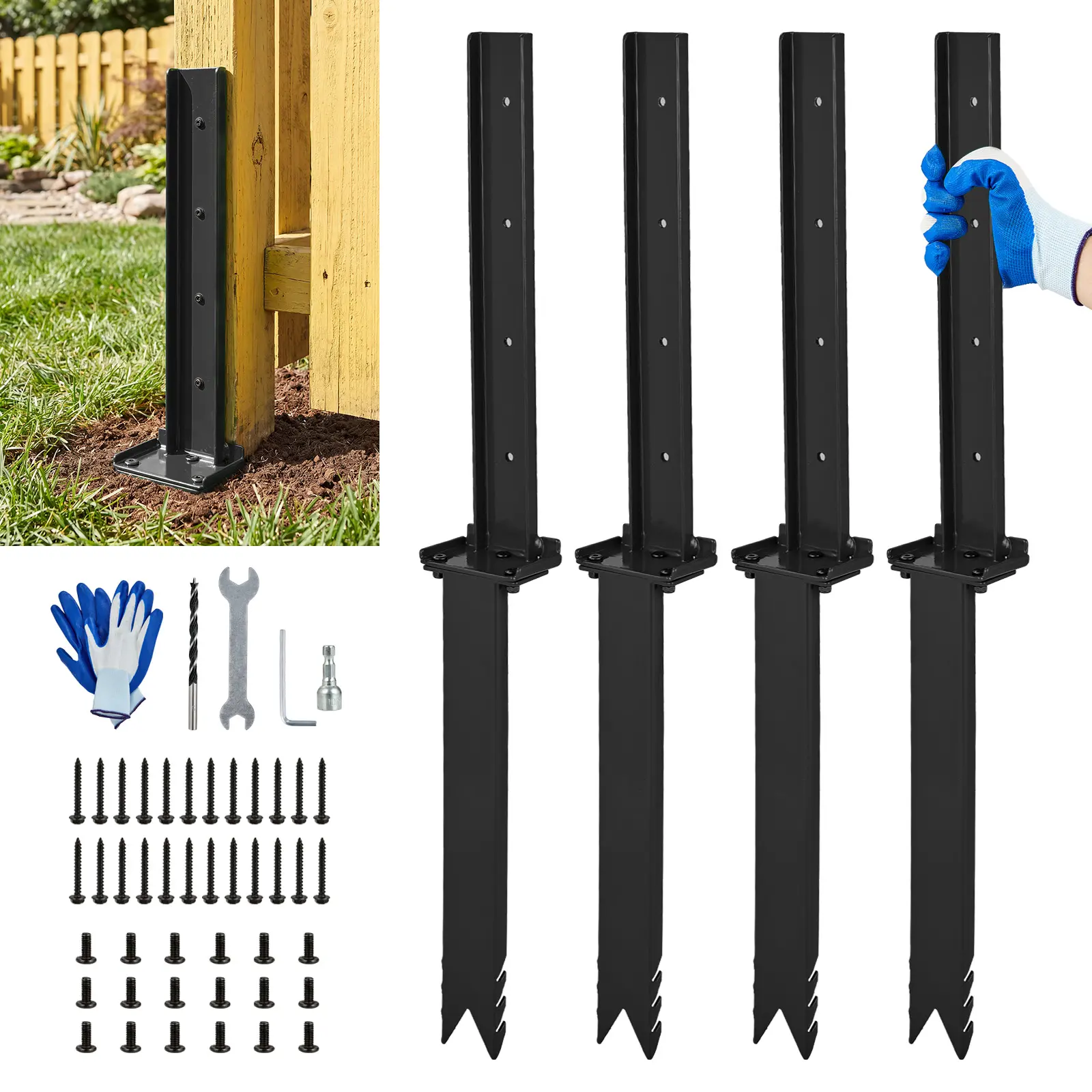 4 Pcs Fence Post Repair Kit, Heavy Duty Fence Post Repair Stakes, Easy to Install, 15.6" Deep in Ground, 10-Gauge Thickened Steel, Tools & Gloves, Quick Fix Broken/Leaning Wooden Posts,Green/Black