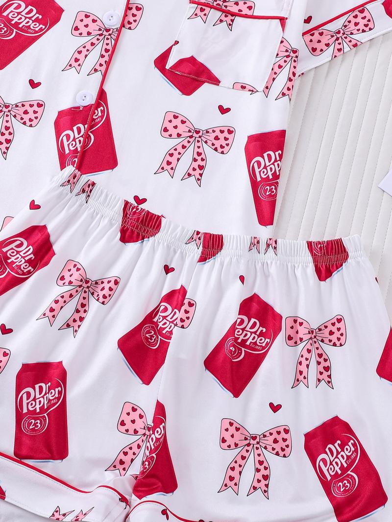 2-piece Valentine's Day Spring/Summer Women's White Bottom Full Body Love Bow Beverage Bottle Printed Short Sleeve Shorts Soft and Comfortable Top Small Pocket Elastic Waist Head Suitable for Four Seasons Home, Leisure, Regular Wear, Nightwear