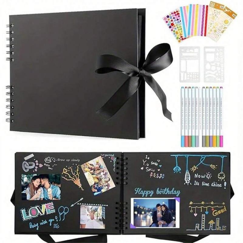 Eternal Memory Black Scrapbook Kit, Hardcover Spiral-Bound Photo Journal with Elegant Ribbon Closure, Complete DIY Memory Album Set for Couples, Weddings, Birthdays, and Travel Keepsakes