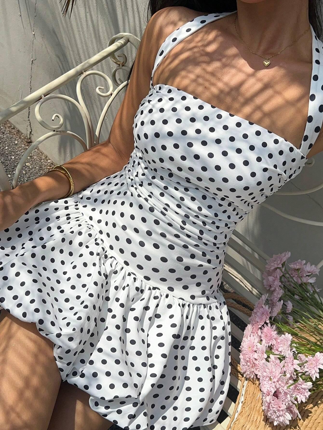 Elegant Fashion Spring Summer Sleeveless Square Neck Halter Dress, Polka Dot Waist Cinching Flower Bud Design, Women's Casual Wear, Womenswear