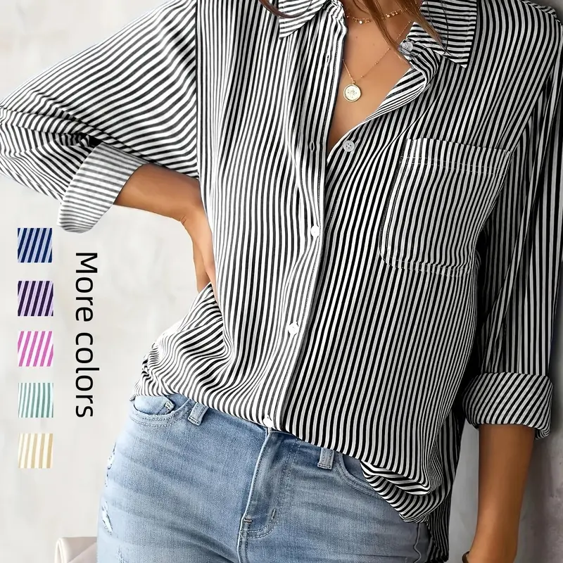 Women's Striped Print Button Front Woven Shirt Long Sleeve Pocket Collared Blouse Top for Daily Wear, Summer Outfits 2024, Ladies Clothes for All Seasons, National Day Clothing, Casual Everyday Tops
