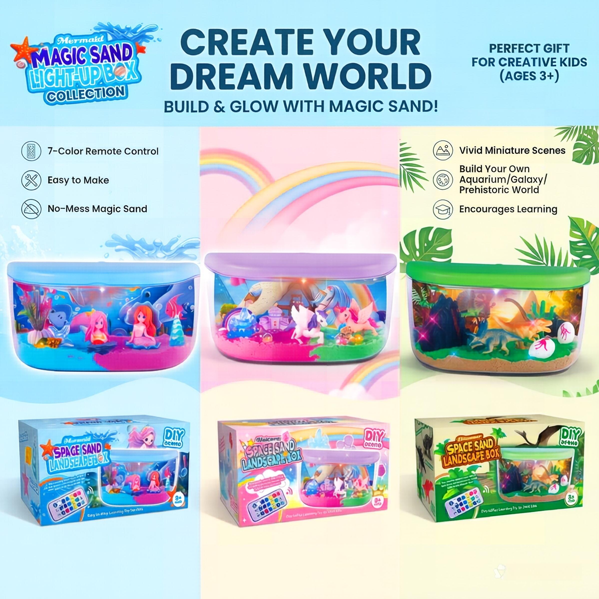 Landscaping DIY Sand Light-Up Scene Kit,Remote LED Night Light,No-Mess Safe Sand,Educational Creative Craft,Mermaid Unicorn Dinosaur Scene,Birthday Christmas Toy Gift For Girls Boys,Sand Tray