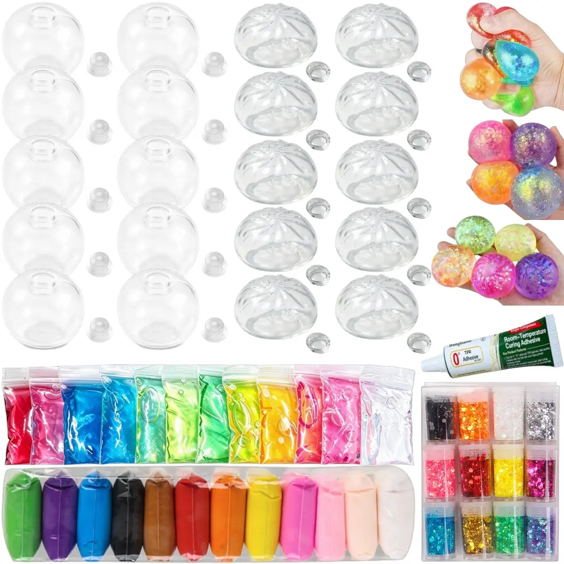 DIY Stress Ball Kit, Squishy Fun Set, includes 12 colors of clay, 12 colors of slime, 12 colors of glitter powder, 4cm spherical and dumpling-shaped transparent blank skins totaling 20 pieces. This kit allows you to make stress relief balls by kneading.