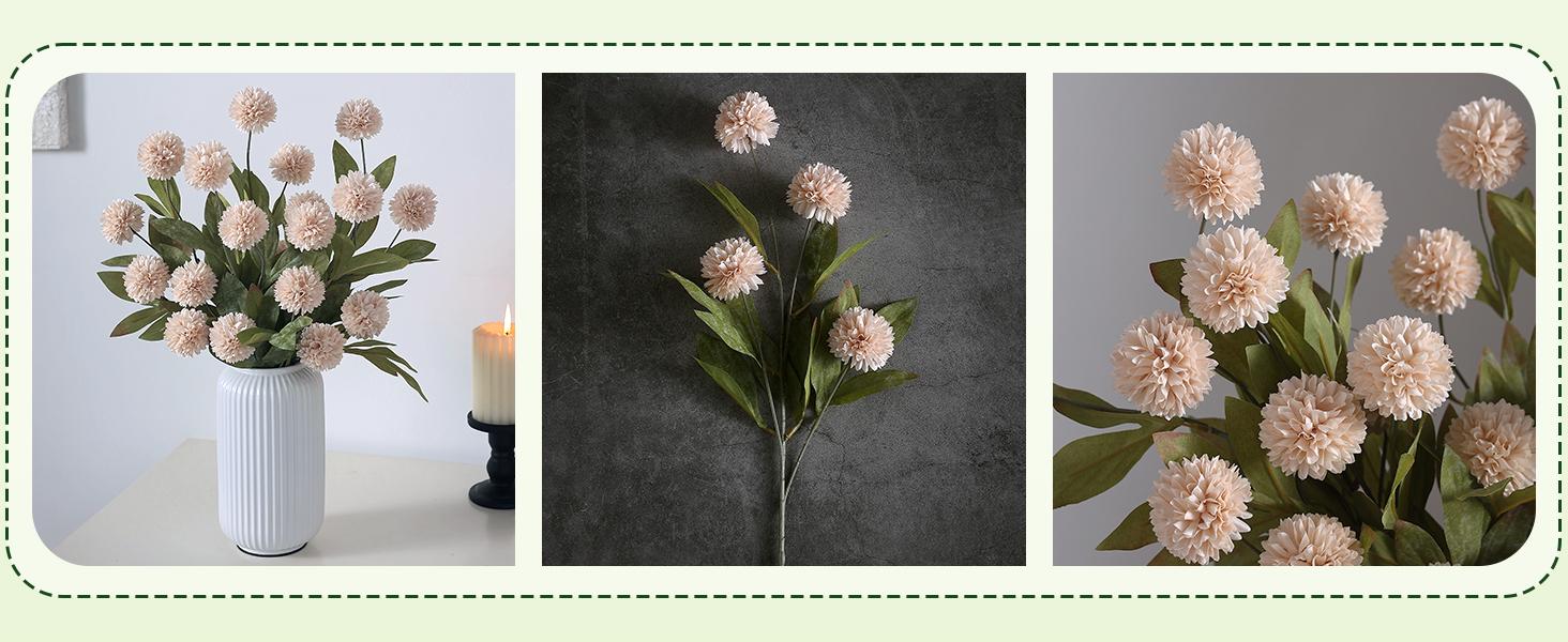 12 Pcs Faux Silk Pompon Mum Artificial Flowers for Vase -27", Bulk Fake Chrysanth Branches with Stems for DIY Bouquet Centerpieces Wedding Fillers Arrangements Shower Decorations (Beige)