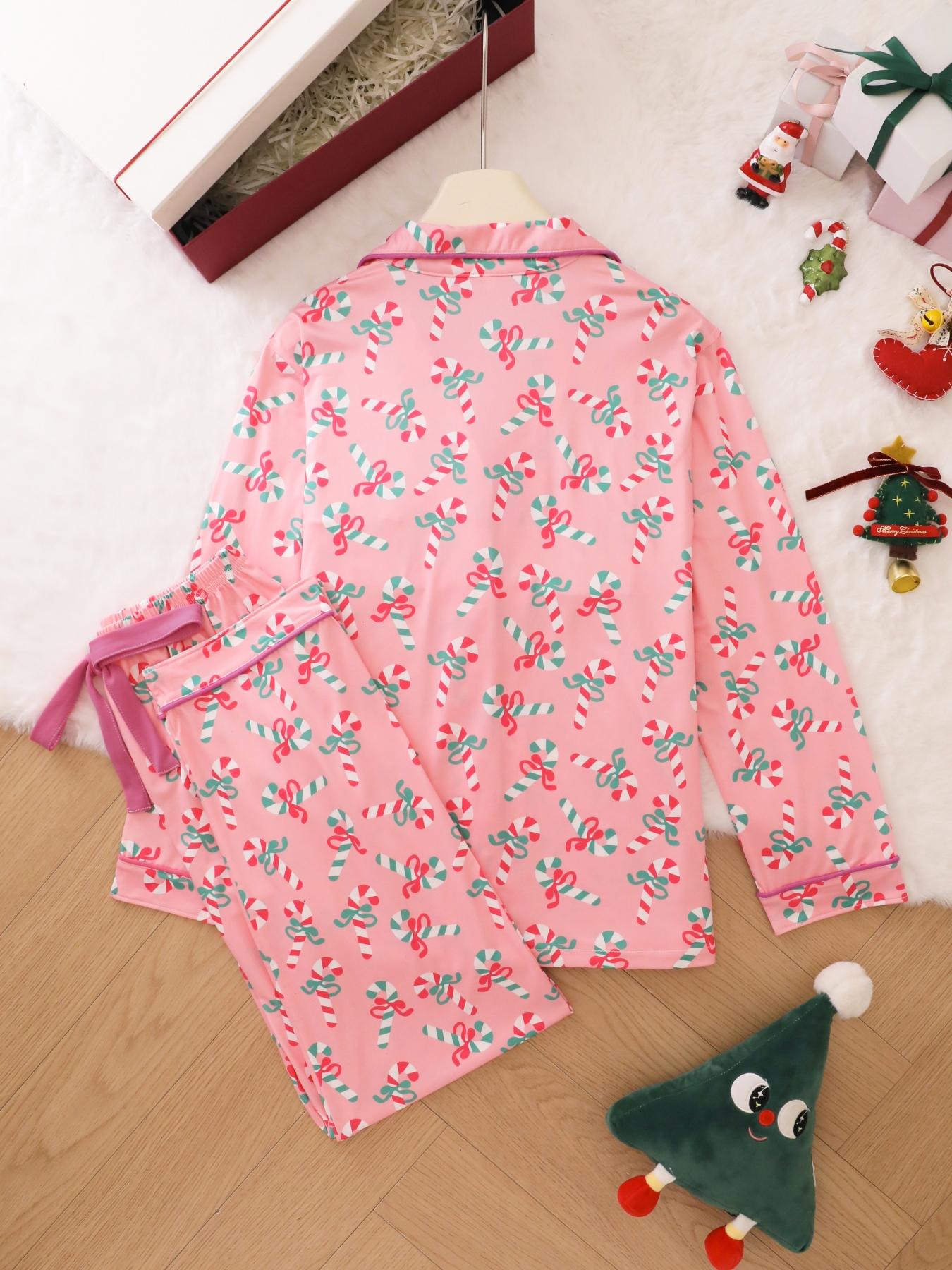 2-piece Pajama Set Butterfly Knot Candy Cane Halloween Soft and Comfortable Top Small Pocket Butterfly Knot Tightening with Elastic Pants Belt Suitable for Four Seasons Home Regular Wear Holiday Pajama Clothing